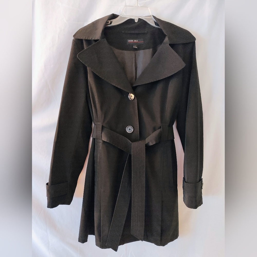 Jason Kole Belted Trench Coat with Attached Hood, L, Black